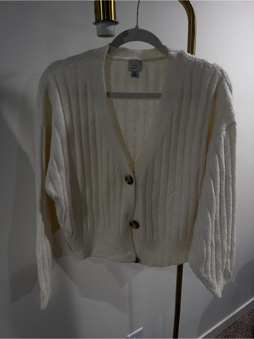 Classic V-Neck Button Front Cream Ribbed Sweater - Picture 2 of 2